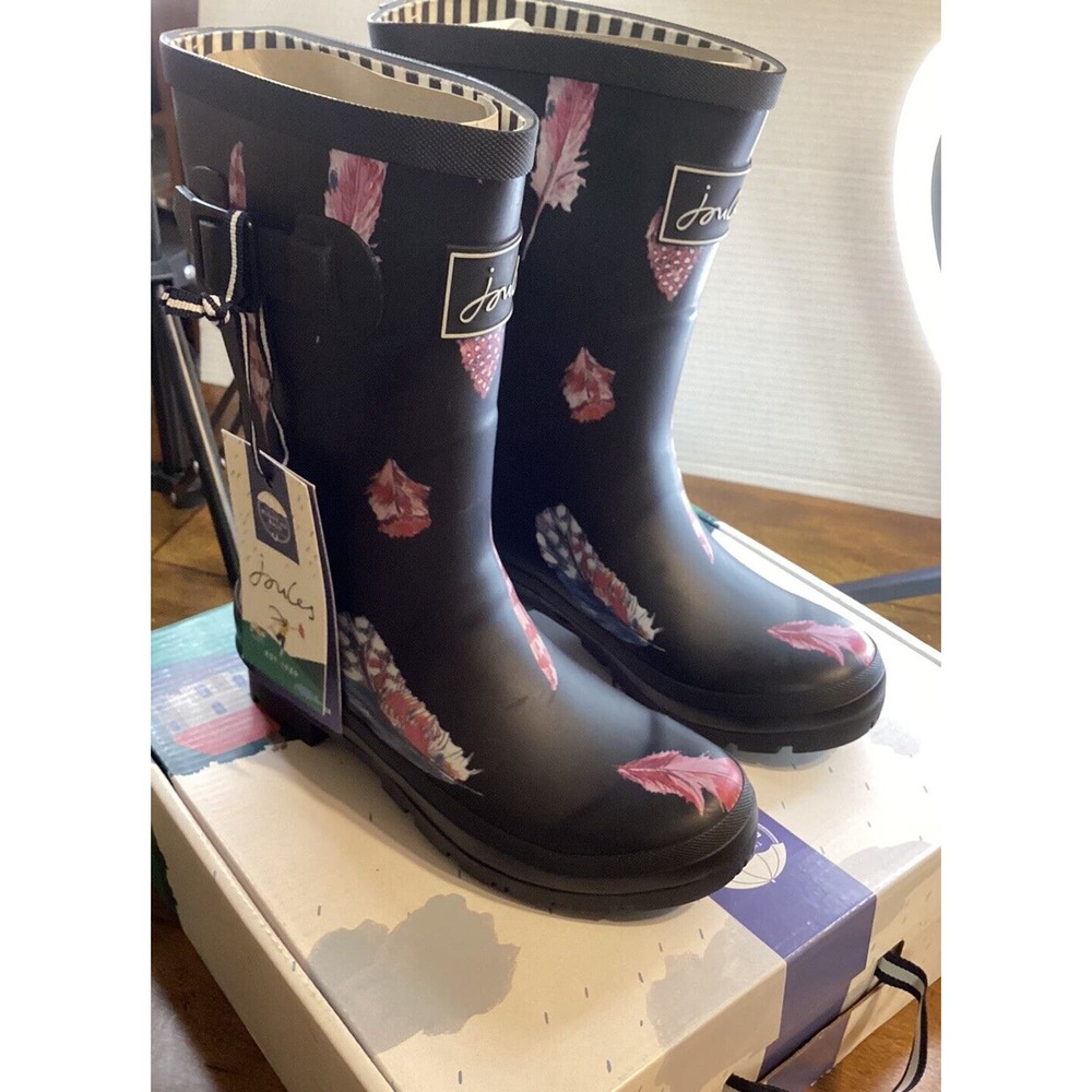 JOULES Women's Rubber Rain‎ Boot Molly Welly Size 5 Feather Black NIB